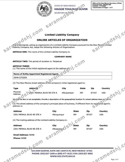 USA New Mexico online articles of organization Word and PDF template
